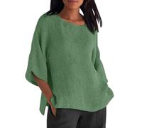 Womens Tops UK Sale Clearance Cotton Linen Solid Dressy Lightweight Top Crew Neck 3/4 Sleeve Blouses Slit Hem Elegant Tunic Top Casual Loose Ladies Tops Deal of The Day Plus Size 8-22