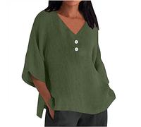 Womens Tops UK Sale Clearance Cotton Linen Solid Dressy Lightweight Tops Round V Neck Ladies Henley Neck T Shirt 3/4 Sleeve lit Hem Elegant Casual Loose Ladies Blouses Deal of The Day Plus Size 8-22