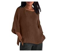 Womens Tops UK Sale Clearance Cotton Linen Solid Dressy Lightweight Tops Round V Neck Ladies Henley Neck T Shirt 3/4 Sleeve lit Hem Elegant Casual Loose Ladies Blouses Deal of The Day Plus Size 8-22