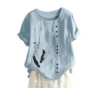 Womens Tops UK Sale Clearance Ladies Cotton Linen Square Neck Floral Dandelion Heart Feather Graphic Print Shirt Bottons Short Sleeve Single Breasted Tops Ladies Casual Loose Blouses Deal of The Day