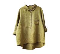 Womens Tops UK Sale Clearance Ladies Tops Cotton Linen 3/4 Sleev Bottons High-Low Hew Oversized Collared Neck Button Down T Shirts Solid Dressy Elegant Casual Loose Tunic Top Deal of The Day Yellow