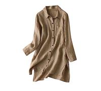 Womens Tops UK Sale Clearance Ladies Tops Cotton Linen Long Sleeve Blouses with Pocket Basic V Henley Neck Longline Pullover T Shirt Bottons Solid Elegant Casual Office Loose T Shirts Deal of the Day
