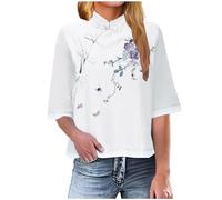 Womens Tops UK Sale Clearance Loose Fit Cotton Linen Solid Color Vintage Chinese Style Floral Print Top Casual Half Sleeve Crew Neck Tops Lightweight Breathable Soft T-Shirts White