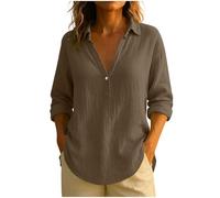 Womens Tops V Neck Blosue Cotton Linen Shirt Loose Tunic Tops Henley Solid Color Dressy Shirts Ladies Blouses Long Sleeve Tshirts Spring Summer Tees Trendy Clothes Streetwear Brown