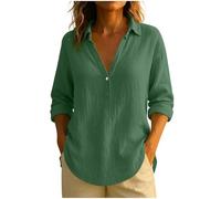 Womens Tops V Neck Blosue Cotton Linen Shirt Loose Tunic Tops Henley Solid Color Dressy Shirts Ladies Blouses Long Sleeve Tshirts Spring Summer Tees Trendy Clothes Streetwear Army Green