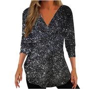 Womens Tops V Neck Half Zipper Blouse 3/4 Sleeve Sequin Print Tunic Tops Office Work Tees Shirts Going Out Pullover Top Loose Plus Size T Shirts Classic Blouse