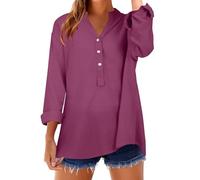 Womens Tops V Neck Long Sleeve T Basic Solid Linen Blouses UK Loose Fit Button Down T Shirts Laple Collared Shirts for Women Office & Formal Wear Casual Work Out Top Plus Size Wine, XXL
