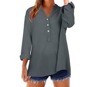 Womens Tops V Neck Long Sleeve T Basic Solid Linen Blouses UK Loose Fit Button Down T Shirts Laple Collared Shirts for Women Office & Formal Wear Casual Work Out Top Plus Size Dark Gray, L