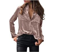 Womens Tops Velvet Elegant Long Sleeve Button Shirt Soft Comfy Plain Blouse Loose Lightweight Tunic Shirts V-Neck Casual Work Blouse Business Evening Going Out Shirt