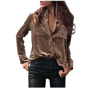 Womens Tops Velvet Elegant Long Sleeve Button Shirt Soft Comfy Plain Blouse Loose Lightweight Tunic Shirts V-Neck Casual Work Blouse Business Evening Going Out Shirt