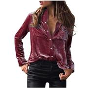 Womens Tops Velvet Elegant Long Sleeve Button Shirt Soft Comfy Plain Blouse Loose Lightweight Tunic Shirts V-Neck Casual Work Blouse Business Evening Going Out Shirt