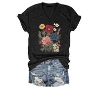 Womens Tops Vintage Boho Wild Flower Graphic Tee V Neck Short Sleeve Casual Summer Retro T Shirts(Black, S)(Tops Mujer Elegantes