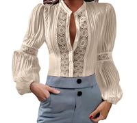 Womens Tops Vintage Sexy Button Down Pleated Ladies Blouses Round Neck Puff Long Sleeve Casual Going Out Elegant Shirts(Beige, M) Camisa volantes Mujer