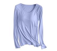 Womens Tops with Built in Bra Long Sleeve T Shirts for Women Comfortable Stretch Scoop Neck Casual Solid Pajama Top Baselayers Shelf Bra Gym Yoga Tee Shirt Nightwear Undershirts