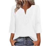 Women's Tops Womens 3/4 Sleeve Tops Boho Fashion V Neck Lace Loose Fit Solid Summer Shirts Casual Comfy Vacation Beach Travel Ladies Tunic Blouses White XXL