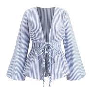 Womens Tops,Women's Striped Bow Tie Front Bell Sleeve Blouse Elastic Waist Deep V Neck Elegant Peplum Shirt Fashion Modern Tops Business Outfit for Autumn Spring Summer