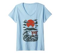 Womens Torii Japan Wave Volcano Sun Mount Fuji Rising Red V-Neck T-Shirt