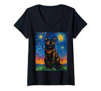 Womens Tortoiseshell Cat Starry Night Van Gogh Inspired Tabby Cat V-Neck T-Shirt
