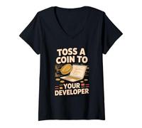 Women's Toss a Coin to Your Developer Programming Coder Developer V-Neck T-Shirt