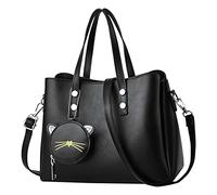 Women's Tote Bag Shoulder Bag Leather Bag Handbags + Purse with Cat Pendant Backpack with Many Pockets, black, One Size