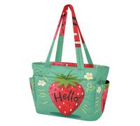 Women's Tote Handbag Work Bag for Travel & Everyday Commute with Multiple Pockets & Zipper Compartments Hello Cartoon Cute Red Strawberry