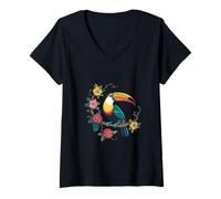 Womens Toucan Perched on Floral Branch Tropical Bird Wildlife V-Neck T-Shirt