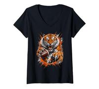 Women's Touchdown American Football Game Day Thanksgiving Tiger Cool V-Neck T-Shirt