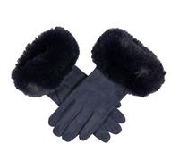 Women's Touchscreen Velour-Lined Faux Suede Gloves with Faux Fur Cuffs - NAVY / ONE