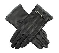 Women's Touchscreen Water-Resistant Wool Blend-Lined Leather Gloves with Snaffle and Stitch Detail - BLACK / S