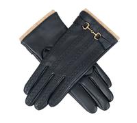 Women's Touchscreen Water-Resistant Wool Blend-Lined Leather Gloves with Snaffle and Stitch Detail - NAVY / S