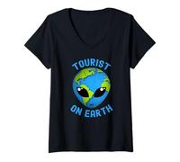 Women's Tourist T. Tourist On Earth Alien Earth Day Favors Earth Day V-Neck T-Shirt