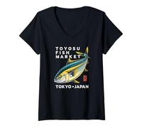 Womens Toyosu Fish Market Tokyo Japan Buri Yellowtail Fish Souvenir V-Neck T-Shirt