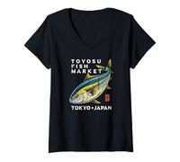 Womens Toyosu Fish Market Tokyo Japan Buri Yellowtail Fish Souvenir V-Neck T-Shirt