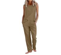 womens tracksuit 2 Piece Lounge Set for Women Cotton Linen Co Ord Sets Sleeveless Crewneck Vest Tops & Drawstring Trousers Casual Loose Comfy Summer Travel Outfits Khaki M