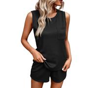 Women's Tracksuit 2 Piece Outfits Waffle Knit Co Ords Sets Crew Neck Sleeveless Vest Tops and Shorts with Pockets Casual Short Summer Trouser Suits Holiday Outfits Loungewear Sets for Women UK