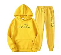 Women's Tracksuit Large Sizes Winter Set - Jogging Suit 2-Piece Heartbeat Durck Hoodie & Sports Trousers Hoodie + Jogging Bottoms Baggy Comfortable Sports Suit Sporty Lounge Set, yellow, L