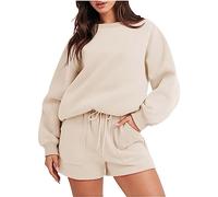 Womens Tracksuit Set 2 Piece Outfits Autumn Winter Sweatsuits Oversized Sweatshirt and Lounge Short Plus Size Loungewear Set Sweater Long Sleeve Crew Neck Tops SweatShorts with Pockets