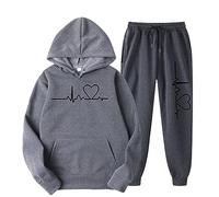 Womens Tracksuit Set 2PCS Plus Size Sports Jogging Suit Long Sleeve Hooded Sweatshirt Pullover Bottoms Casual Loungewear Joggers Trousers, Women Heartbeat Printed Loose Sportwear Sweatsuit 2 Piece Set
