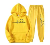 Womens Tracksuit Set 2PCS Plus Size Sports Jogging Suit Long Sleeve Hooded Sweatshirt Pullover Bottoms Casual Loungewear Joggers Trousers, Women Heartbeat Printed Loose Sportwear Sweatsuit 2 Piece Set