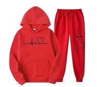 Womens Tracksuit Set 2PCS Plus Size Sports Jogging Suit Long Sleeve Hooded Sweatshirt Pullover Bottoms Casual Loungewear Joggers Trousers, Women Heartbeat Printed Loose Sportwear Sweatsuit 2 Piece Set