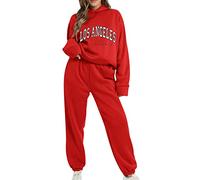 Women's Tracksuit Set, Oversized Jogging Suit, 2-Piece Long Sleeve Sweatshirt + Jogging Bottoms, Tracksuit Sweatsuit with Los Angeles Print, Sportswear, Winter Warm Outfits, O Red, XL