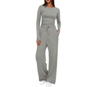 Womens Tracksuit Set Petite black 2 Piece Outfits brown white Stretch Long Sleeve Crop Top and Drawstring Elastic Waist Wide Leg Trouser Solid Color Lounge Sets Y2k Outfits Ladies Yoga Trousers Suits