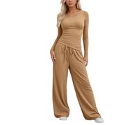 Womens Tracksuit Set Petite black 2 Piece Outfits brown white Stretch Long Sleeve Crop Top and Drawstring Elastic Waist Wide Leg Trouser Solid Color Lounge Sets Y2k Outfits Ladies Yoga Trousers Suits
