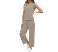 Women's Tracksuit Set Two Piece Outfit Summer Sleeveless Crop Tank Top and Drawstring Elastic Waist Trousers Pants Set Ladies Lounge Sets 2 Piece Fitness Yoga Gym Jogger Sets Sportwear Khaki