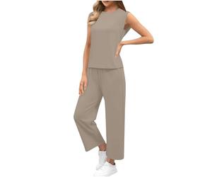 Women's Tracksuit Set Two Piece Outfit Summer Sleeveless Crop Tank Top and Drawstring Elastic Waist Trousers Pants Set Ladies Lounge Sets 2 Piece Fitness Yoga Gym Jogger Sets Sportwear Khaki