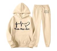 Women's Tracksuit with Faith Hope Love Print - Christian Two-Piece Hoodie and Trousers | Sporty Set with Faith Message, style_e01 beige, XXL