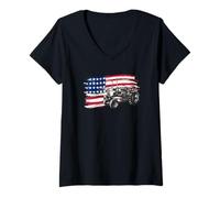 Womens Tractor Patriotic American Flag Design for Farmers Men Women V-Neck T-Shirt