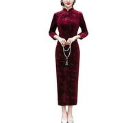 Women's Traditional Chinese Cheongsam Flower Print Mandarin Collar 3/4 Sleeve Side Slit Qipao Outfit, 08-wine Red, L