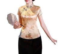 Women's Traditional Chinese Cheongsam Shirt with Stand-Up Collar Short Sleeves for Women as Ethnic Printed Blouse