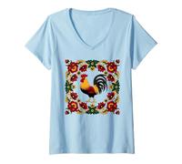 Womens Traditional Folk Polish Pattern with Rooster V-Neck T-Shirt